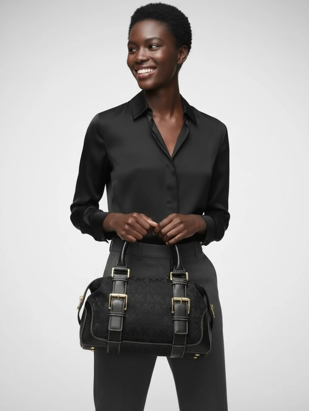 Michael Kors Black Monogram Satchel with Gold Hardware
